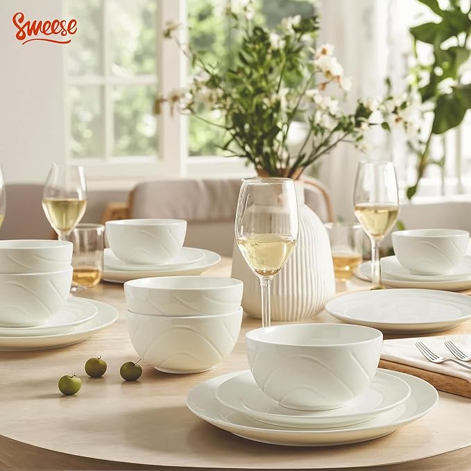 Sweese Porcelain Dinnerware Sets for 6 18 Pieces Ceramic Plates and Bowls Sets Handcrafted Minimalist Dinner Set Chip and Scratch Resistant Dish Set Dishwasher &amp Microwave Safe White