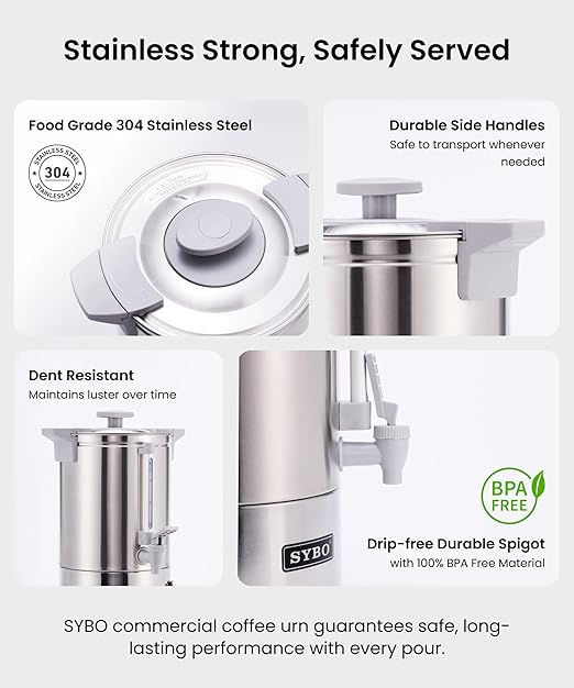 SYBO SR-CP100BG Commercial Coffee Urn &amp Hot Beverage Dispenser Fast Brew Keeps Warm – Ideal for Coffee Tea Water at Events &amp Catering 100-Cup 16 L Grey