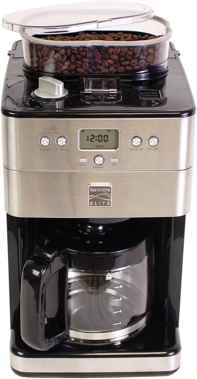 Kenmore Elite Grind and Brew Coffee Maker with Built‑In Burr Grinder Automatic Drip Machine 12‑Cup Programmable Brewer Bean‑to‑Cup Cafetera Stainless Steel Coffee Maker for Home &amp Office