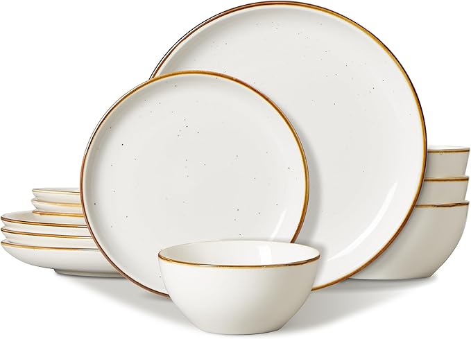 ONEMORE Plates and Bowls Set Dinnerware Sets for 4 Porcelain Kitchen Dishes Set 12pcs Scratch Resistant Modern Aesthetic Dishware Sets- Microwave &amp Dishwasher Oven SafeFarmhouse Style Cream W