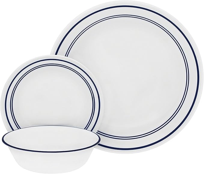 Corelle Vitrelle 18-Piece Service for 6 Dinnerware Set Triple Layer Glass and Chip Resistant Lightweight Round Plates and Bowls Set Classic Café Blue