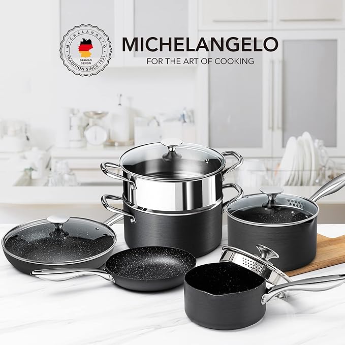 MICHELANGELO Hard Anodized Cookware Set - 10 Pcs Non Stick Pots and Pans Set with Granite Interior Induction Cookware Set with Steamer Insert