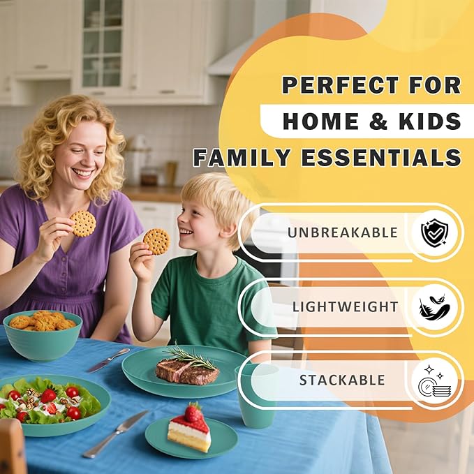 Wheat Straw Dinnerware Sets 32 PCS Dishes Set for 8 Unbreakable Plates and Bowls Sets Microwave Safe Dinnerware Set for Kitchen Outdoor Camping RV - Green
