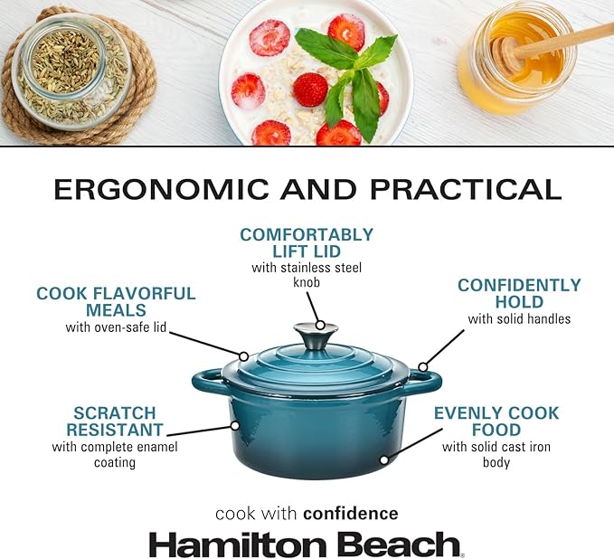 Hamilton Beach 3-Quart Enameled Cast Iron Dutch Oven Navy with Cream Interior | Even Heat Distribution &amp Easy-Grip Handles | Ideal for Braising RoastingStewing &amp Bread Baking