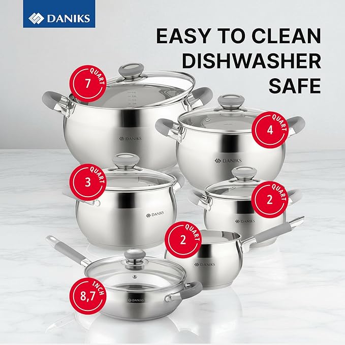 Daniks Modern 11-Piece Stainless Steel Cookware Set with Glass Lids Includes Saucepan and Frying Pan with Lid Tri-Ply Bases for Even Heating Induction Compatible Dishwasher Safe Heatproof Handles
