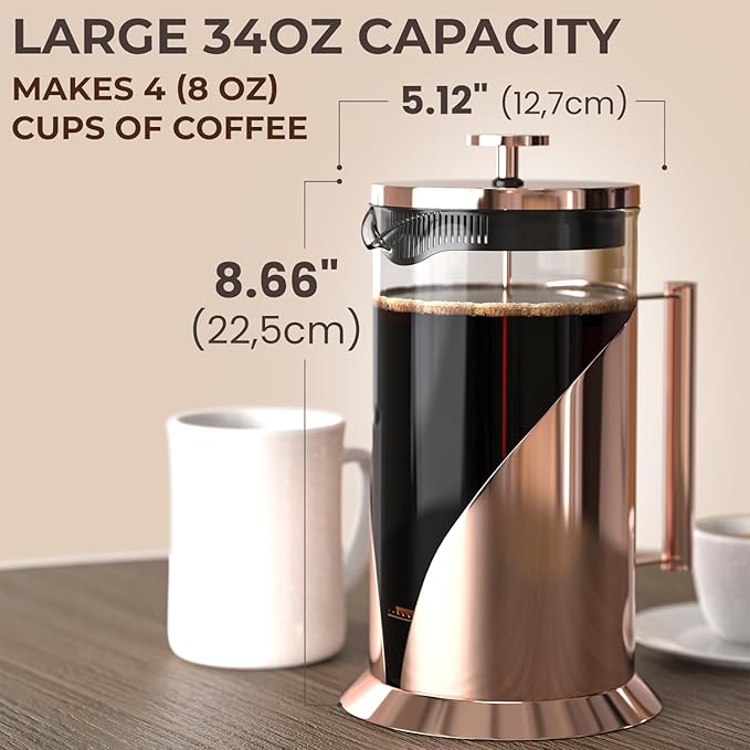 Cafe Du Chateau French Press Coffee Maker Bundle – Stainless Steel Design with 4-Level Filtration for Rich Smooth Brews at Home or Office