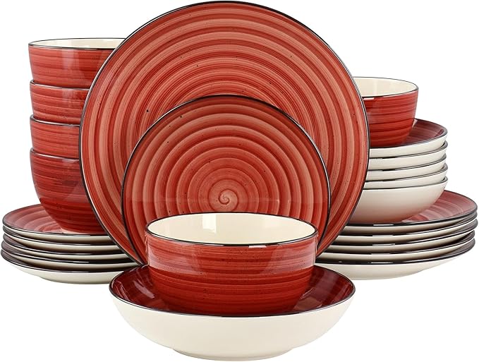 24-Piece Stoneware Dinnerware Set – Round Two-Tone Hand-Painted Dishes with Swirl Design Service for 6 Microwave &amp Dishwasher Safe Tableware (Red)