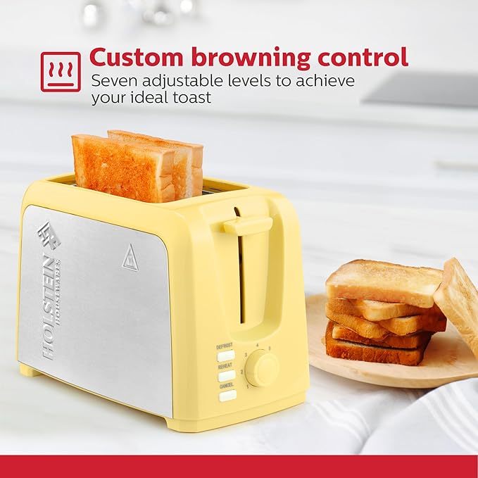 Holstein Housewares 2-Slice Toaster with 7 Browning Settings Extra-Wide Slots Reheat Defrost Cancel High-Lift Release Removable Crumb Tray – Compact Stainless Steel Yellow