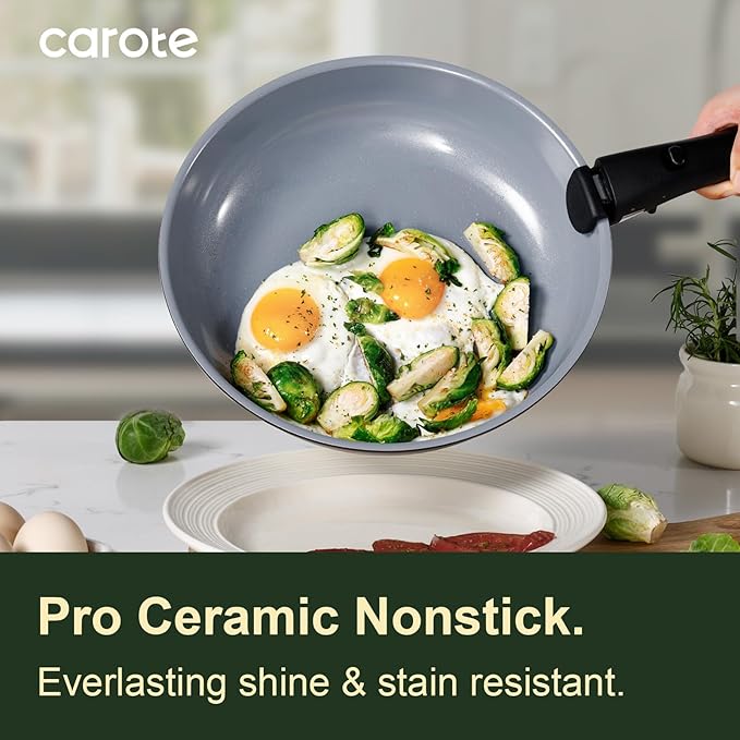 CAROTE 19PCS Ceramic Cookware Sets Black and Gray Pots and Pans Set Non Stick Non Toxic Induction Cookware Kitchen Cookware Sets Pots Set for Healthy Cooking