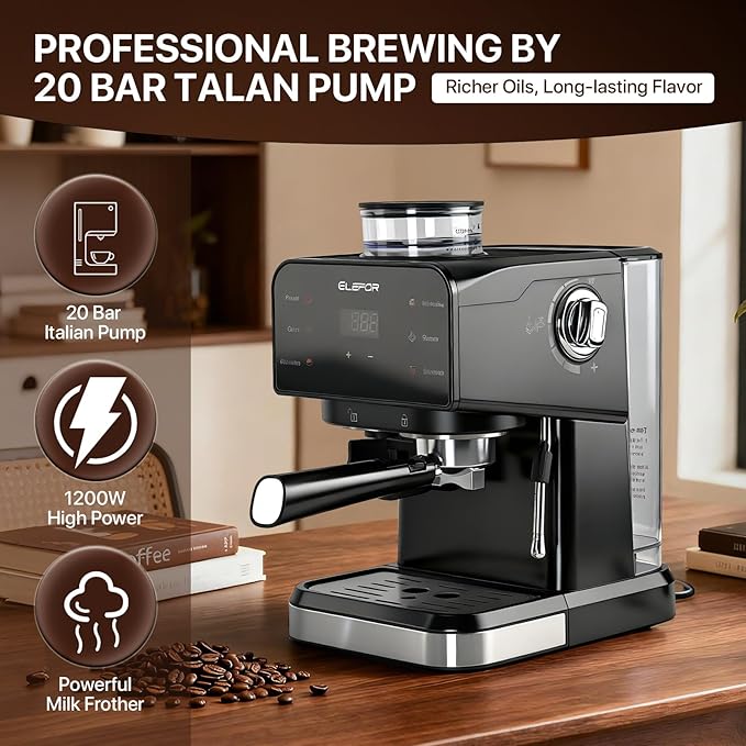 Elefor Espresso Machine 20 Bar Coffee Maker with grinder Black