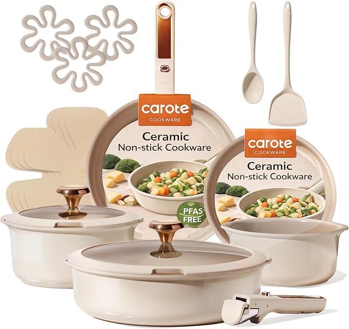 CAROTE 18Pcs Ceramic Cookware Set with Detachable Handle Pots and Pans Set Non Stick Non Toxic Cookware Set Removable Handles Induction Kitchen Cookware Sets Dishwasher/Oven Safe