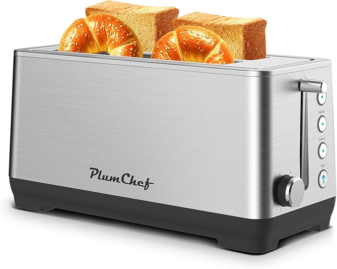 4-Slice Extra Wide Long Slot ToasterStainless Steel Removable Crumb Tray 6 Browning Settings &amp Bagel/Defrost/Reheat Functionsstainless steel 1500W