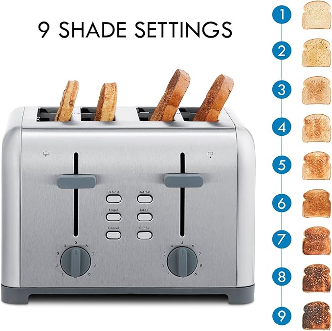 Kenmore 4 Slice Toaster Stainless Steel Extra Wide Slots Adjustable Browning Bagel and Defrost Settings Removable Crumb Tray Best Prime Toaster for Bread Bagel Waffles and more