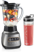 Hamilton Beach Wave Action Blender for Smoothies Stainless Steel Ice Sabre Blades 40oz Glass Jar 20oz Blend-In Portable Travel Jar 800 Watts Quiet Design Gray (58181)