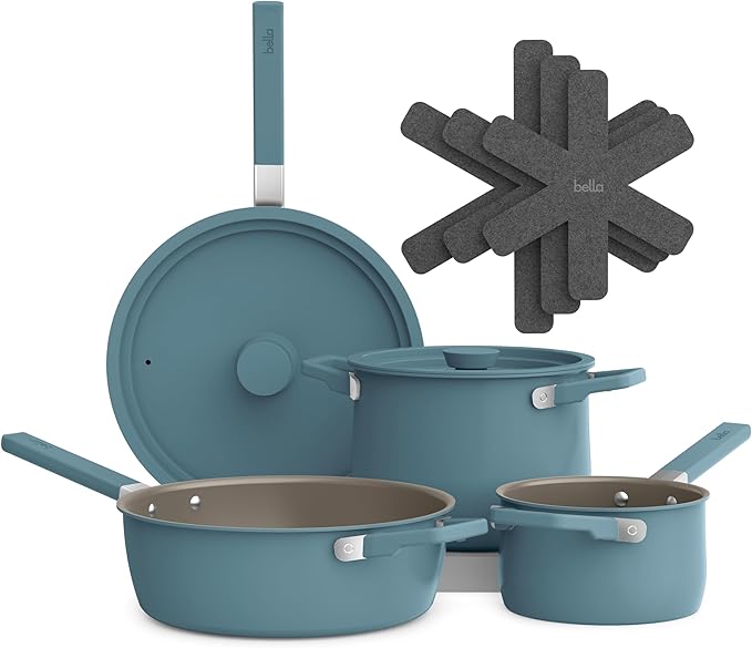 bella 9 Piece Ceramic Nonstick Cookware Set Fits-anywhere™ Kitchenware w EverGood™ Coating Dishwasher &amp Oven Safe All Stovetops Compatible Stackable Design Cool Touch Handles Surf