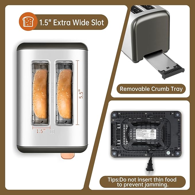SEEDEEM Toaster 2 Slice Real Touch Screen with LCD Display Single-Slice Function Stainless Steel Toaster 50% Faster Heating 1.5 Wide Slots Removable Crumb Tray 1350W Dark Metallic