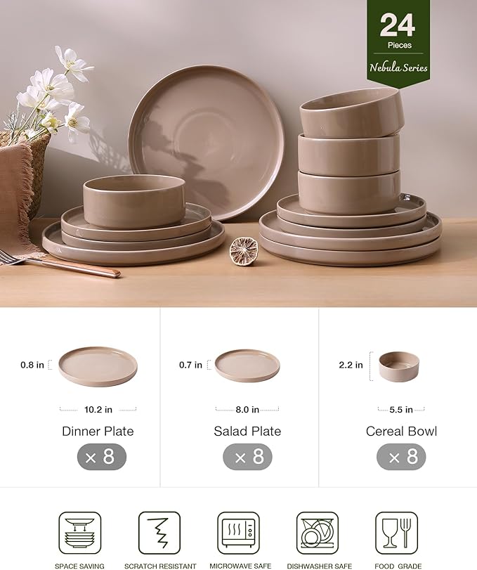 Famiware Nebula Plates and Bowls Sets Dinnerware Sets Dishes Set for 8 8-Set(24pcs) Cinnamon Brown