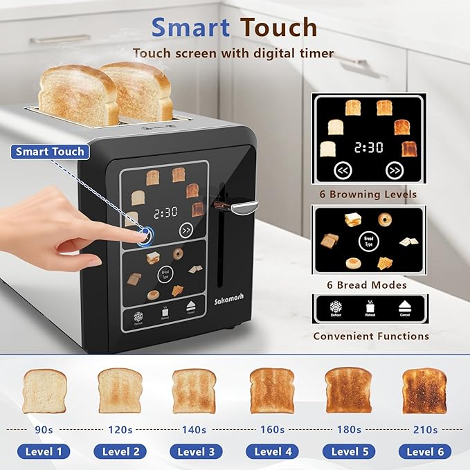 Touch Screen Toaster 2 Slice Smart Digital Toasters 6 Browning Levels &amp 6 Bread Types Bagel Memory Function Timer Stainless Steel 800W