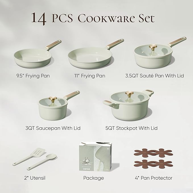 CAROTE Ceramic Cookware Set Nonstick 14pcs Pots and Pans Set Nonstick Non-Toxic &amp PFAS-Free Dishwasher RV/Camping Cookware Set Cooking Pots with Lids Sage Green