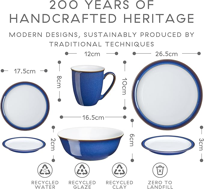Denby Imperial Blue Dinner Set For 4 - 16 Piece Ceramic Tableware Set - Blue White - Dishwasher Microwave Safe Crockery Set - 4 Dinner Plates 4 Small Plates 4 Cereal Bowls 4 Coffee Mugs
