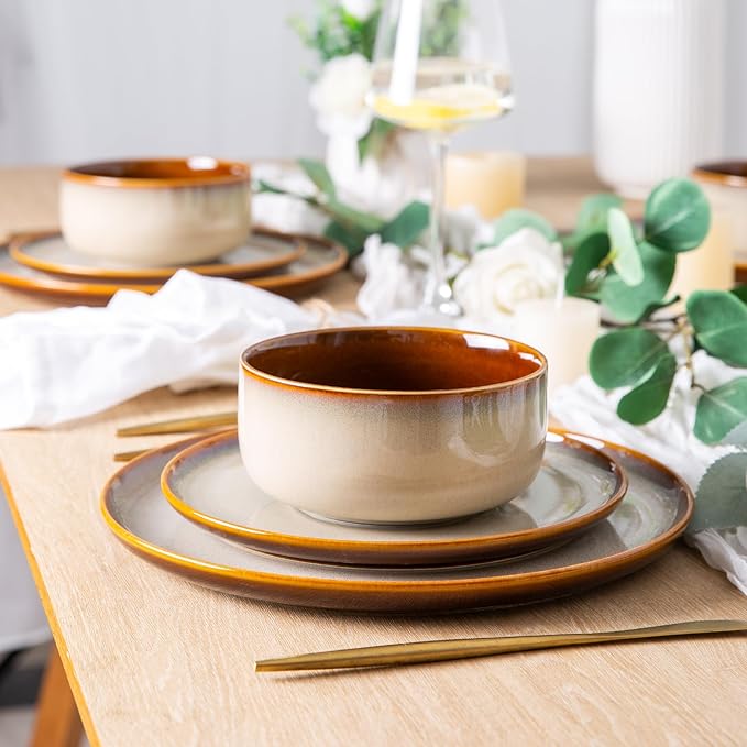 Ceramic Dinnerware Sets of 4Poreclain Plates and Bowls SetsHandmade Reactive Glaze Dishes SetChip Resistant and Scratch Resistant | Oven&ampDishwasher &amp Microwave Safe16PCS-Kahki
