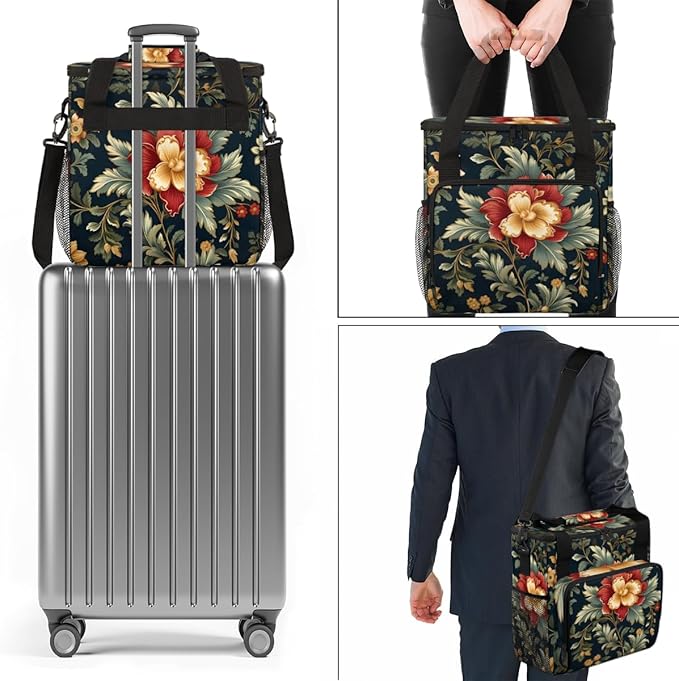Holly Berry Flowers Coffee Maker Carrying Bag Glowing Flowers Travel Storage Bag Compatible with K-Mini or K-Mini Plus Single Serve Coffee Brewer Carrying Case with Multiple Pockets &amp Shoulder S