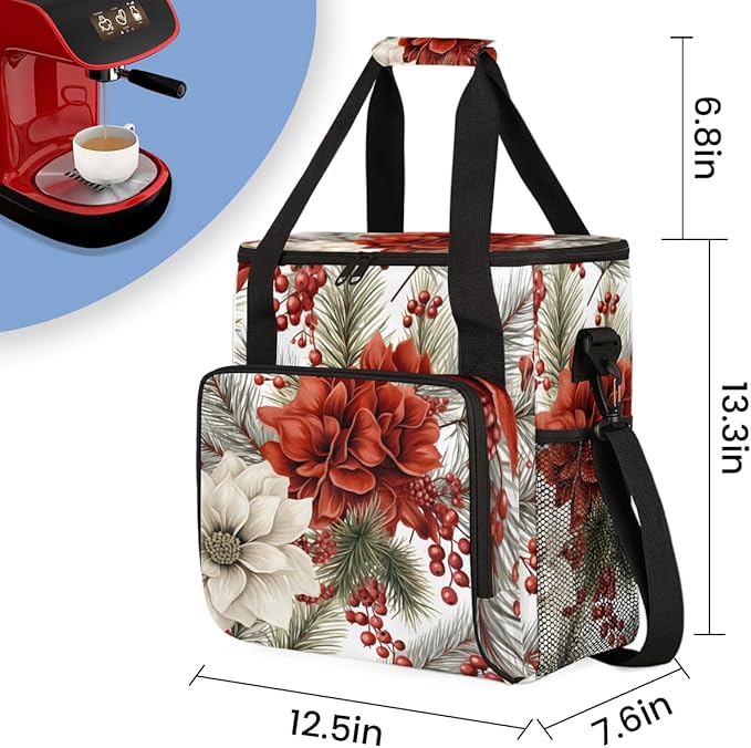 Christmas Flowers Coffee Maker Carrying Bag Glowing Flowers Travel Storage Bag Compatible with K-Mini or K-Mini Plus Single Serve Coffee Brewer Carrying Case with Multiple Pockets &amp Shoulder Str