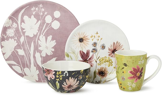 Wildflowers Ceramic 16-Piece DINNERWARE SET SERVICE for FOUR with Floral Watercolor Dinner Plates Salad Plates Mugs and Ice Cream Bowls Artistic Garden-Inspired Botanical Tableware
