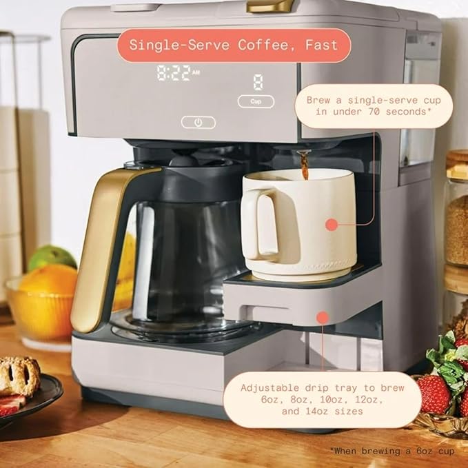 Dual Function Coffee Maker with 12 Cup Drip Brewing and Single Cup Option Programmable Control Panel (Porcini Taupe)