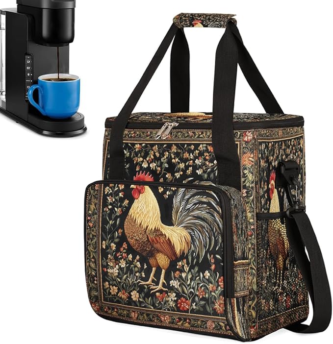 Rooster Embroidery Flowers Coffee Maker Carring Bag Travel Carrying Storage Tote Bag Compatible with Keurig K-Mini or K-Mini Plus Portable Single Serve Coffee Brewer Case with Pockets for K-cup Pods