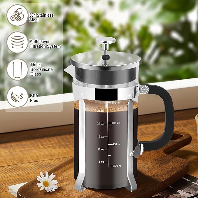 French Press Coffee Maker34oz 304 Stainless Steel with 2 Filter Heat Resistant Durable Easy to Clean Borosilicate Glass Press BPA Free Glass TeaPot-34 Ounce 1 Liter (Chrome)