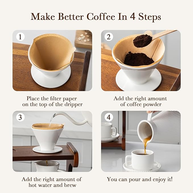 Pour Over Coffee Maker Set 22OZ Ceramic Pour Over Coffee Dripper with Acacia Wood Stand and 5OZ Cups and Saucers Set of 2 Size 02
