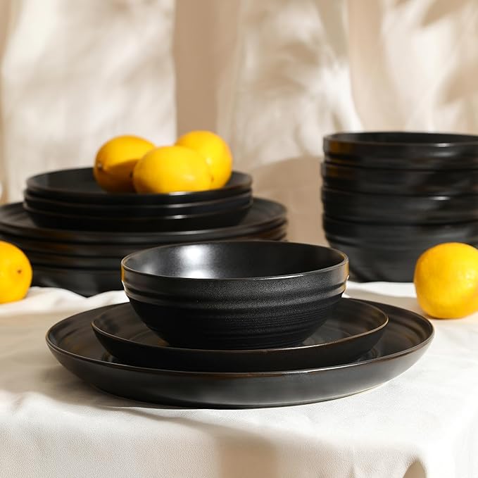Stone Lain Elio 24-Piece Dinnerware Set Stoneware Plates and Bowls Set Dish Set for 8 Black
