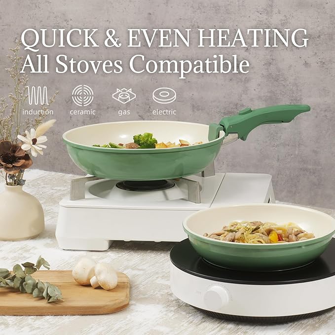 Ceramic Cookware Set Non Stick 8Pcs Pots and Pans Set Detachable Handle Induction Kitchen Cooking Set with Frying Pans Oven Dishwasher Safe PFAS/PFOA Free Forest Green