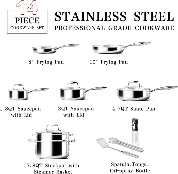 Stainless Steel Cookware Set - VONIKI Tri-ply Stainless Pots And Pans Set with Steamer Basket Non Toxic Induction Cookware Kitchen Cookware Sets PFOA &amp PTFE Free Dishwasher and Oven Safe