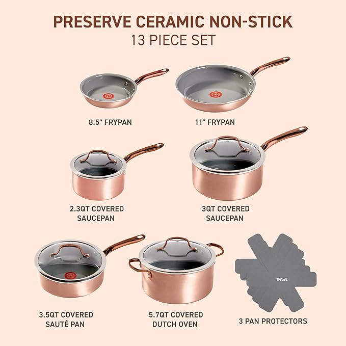 T-fal Preserve Ceramic Non stick Cookware Set 13-Piece Oven &amp Broiler Safe up to 350°F Includes Stockpot Saucepans Frying Pans Protectors Pots and Pans Rose Gold