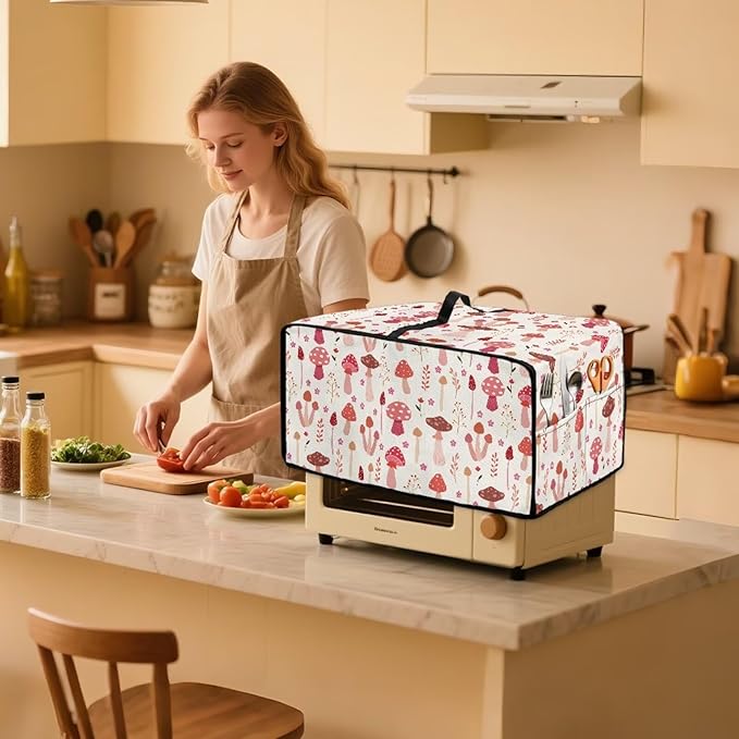 Dustproof Toaster Oven Cover Heat-Resistant Microwave Grill Cover Protector Faux Linen Polyester Dust Covers Case Protections for Toaster Oven Cartoon Mushroom