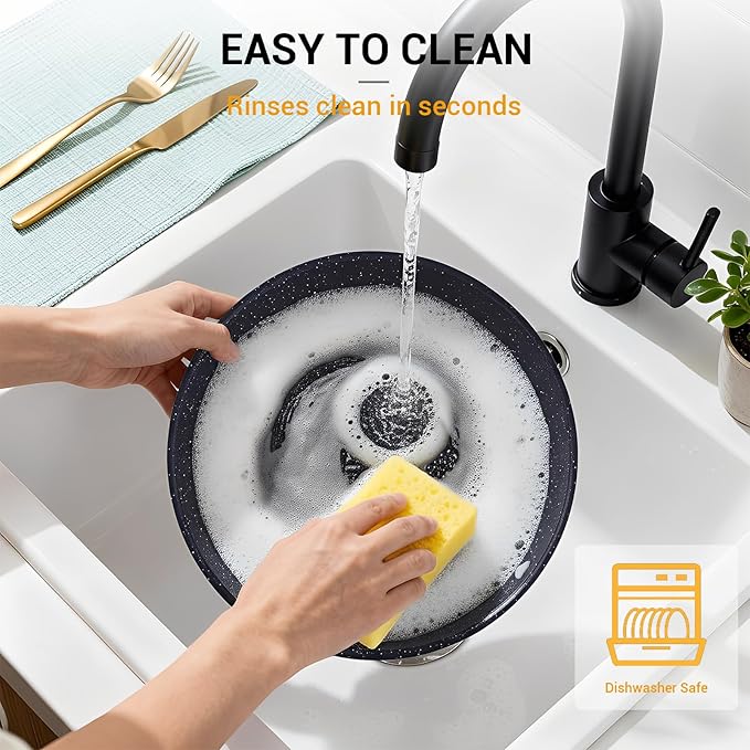 Ammeloo 21-Piece Ceramic Pots and Pans Set Non Stick with Detachable Handles and Egg Frying Pan Non-Toxic Cookware Induction Ready Oven Safe Stackable for Storage Black Speckled
