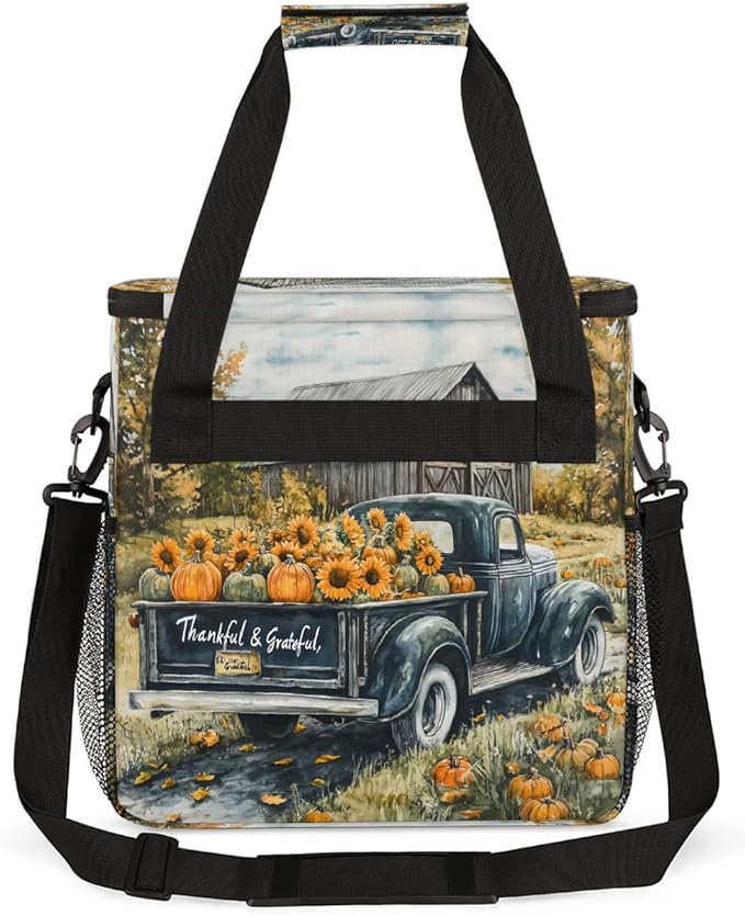 Wooden House Pumpkin Sunflower Truck Coffee Maker Carring Bag Travel Carrying Storage Tote Bag Compatible with Keurig K-Mini or K-Mini Plus Portable Single Serve Coffee Brewer Case with Pockets