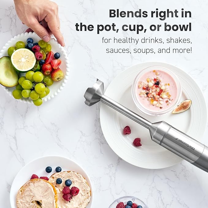 Elite Gourmet EHB1300 Cordless Rechargeable Hand Blender Variable Speed Blending with One-Touch Power Button Stainless Steel Blades Portable Easy Control Stick Mixer Baby Food Charcoal Grey