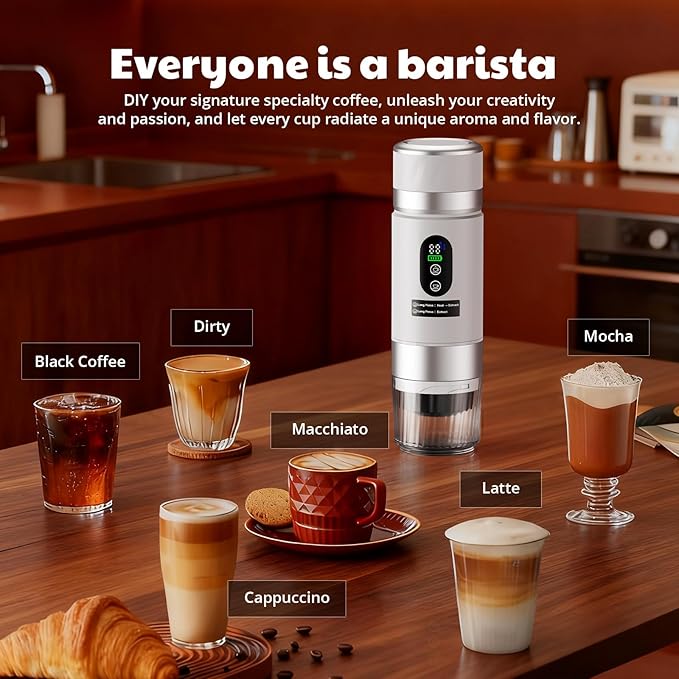 Portable Espresso Maker Travel Coffee Maker for camping Portable Espresso Machine with USB-C 3-in-1 Small Espresso Machine with Ground Coffee &amp Capsules (NS＆DG) for RV (White (Two Batteries))