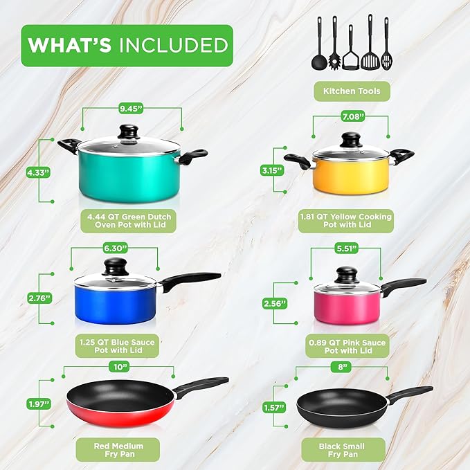 NutriChef 15-Piece Colorful Nonstick Kitchen Cookware Set | Heat Resistant Lacquer Kitchen Ware Pots and Pans Set w/Saucepot Frying Pans Pots Oven Pot Lids Utensil