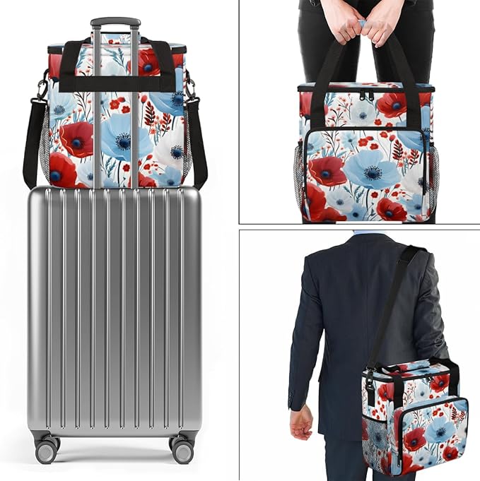 RED BLUE FLOWER Coffee Maker Carrying Bag Portable Travel Storage Tote Bag Compatible with K-Mini or K-Mini Plus Single Serve Coffee Brewer Carrying Case with Multiple Pockets &amp Shoulder Strap