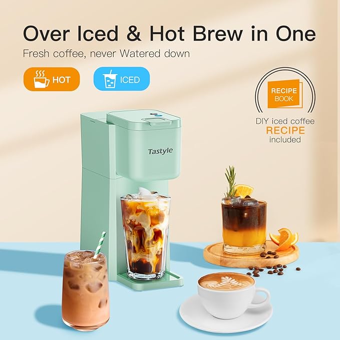 Mini Hot and Iced Coffee Maker Single Serve for K Cup and Ground 6 to 14 Oz Brew Sizes with Recipe Book for Home Travel RV Office and Dorm Mint