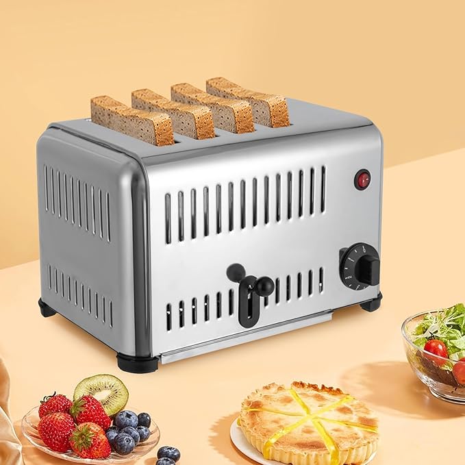 4 Slice Toaster Stainless Steel 1650W Time Adjustable Even Heating and Fast Cooking Bread Sandwiches Meatloaf Silver