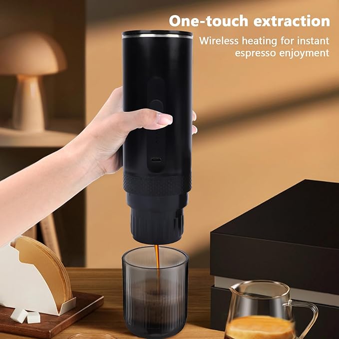 Asixxsix Portable Coffee Maker 2 in 1 Machine with Grinding and Capsule Compartments 20Bar Pressure 7500mAh Rechargeable Fast Heating for Camping Travel Home Office (Black)