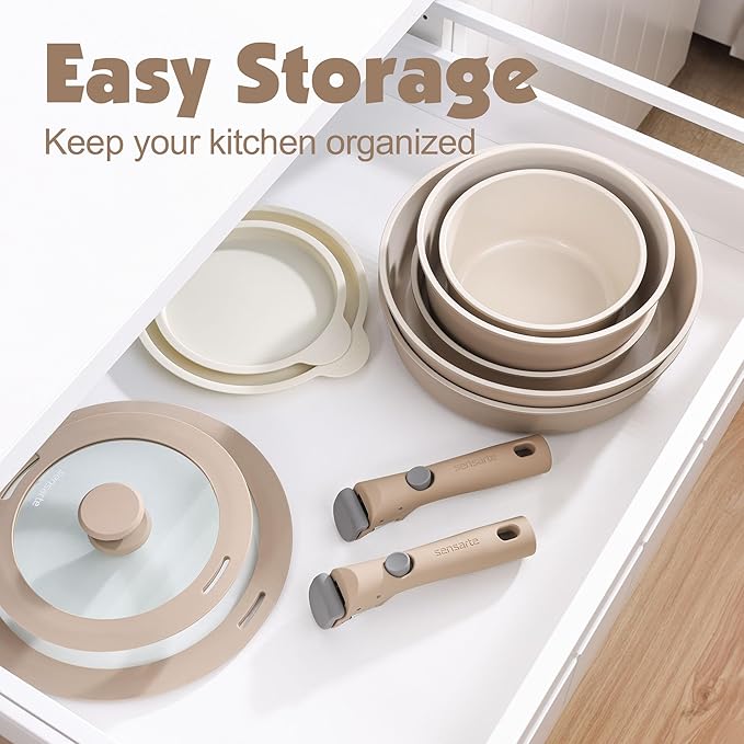 SENSARTE 24 Piece Ceramic Pots and Pans Set Nonstick Detachable Handle Cookware Induction Cookware Set with Removable Handle Healthy Non Stick for RV Dishwasher＆Oven Safe PFOA Free (Almond Beige)
