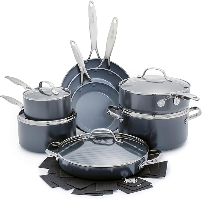 GreenPan Valencia Pro Ceramic Nonstick 16 Piece Cookware Set Hard Anodized PFAS-Free Pots &amp Pans Induction Ready Compatible on All Cooktops Dishwasher Safe Oven Safe to 600F Gray