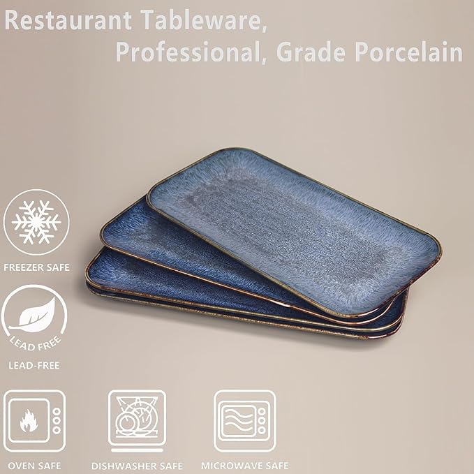 Ceramic Dinner Plates Dish SetSet of 4 for Lunch snacks - Microwave Oven &amp Dishwasher SafeScratch Resistant Dinnerware Kitchen Porcelain Serving DishesBlue 12.4 Inch Rectangle plate