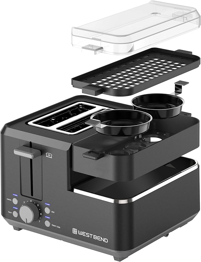 West Bend Breakfast Station 2-Slice Toaster and Egg Cooker/Poacher with Removable Pre-Cooked Meat and Vegetable Warming Tray for Perfect Breakfast Sandwiches 1200-Watts Black